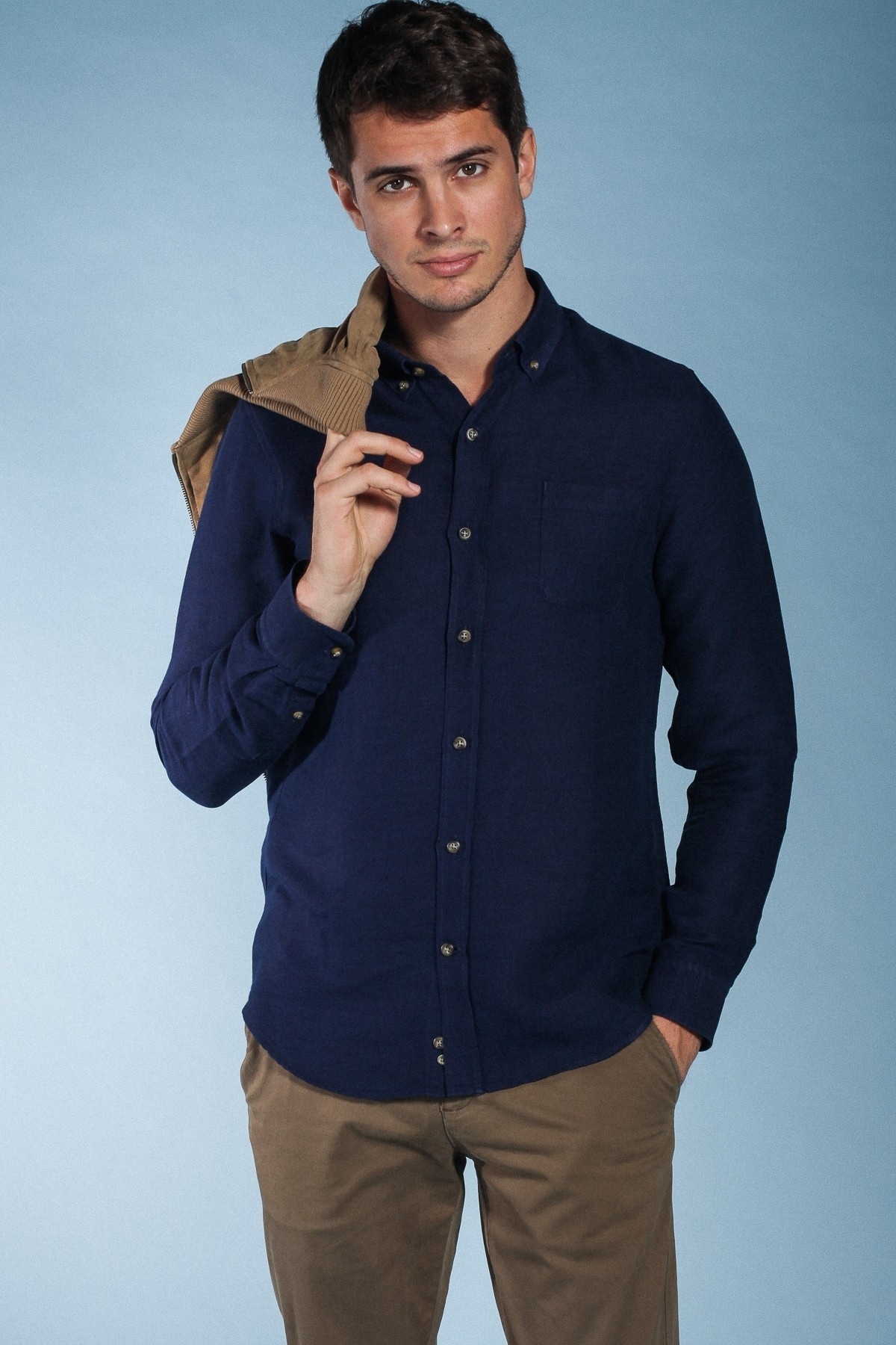 Chemise Lin Et Coton Bleu Marine Col Américain Boutonné Bali Carter ...